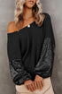 Sequin Patchwork Sleeve Open Back Waffle Knit Top